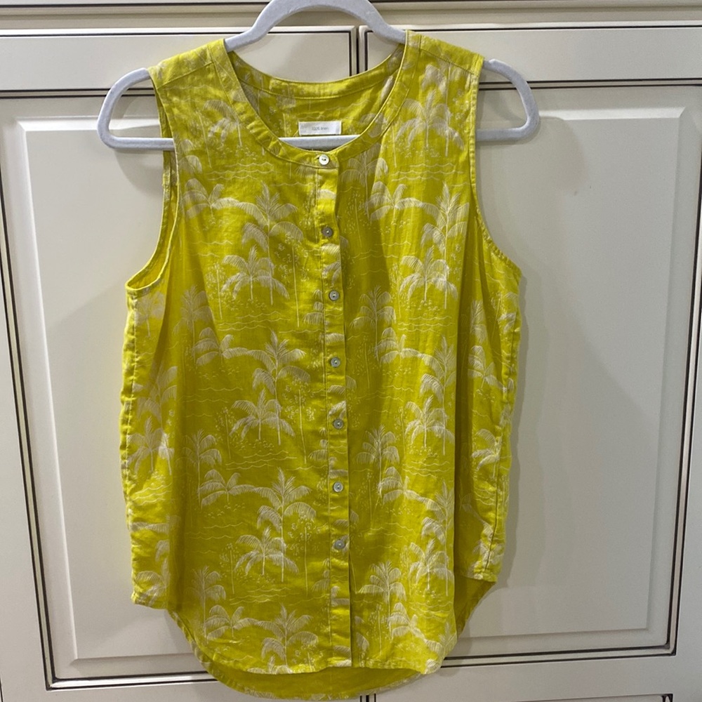 C&C California Palm Sleeveless Button Shirt Size Small 100% Linen Chartreuse